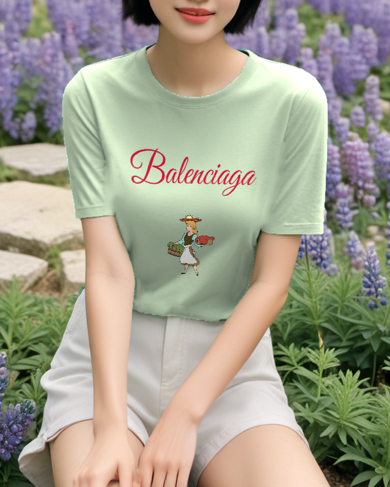 Sage Green Basket Carrying Red Hat Woman Graphic T-Shirt - styled view 2