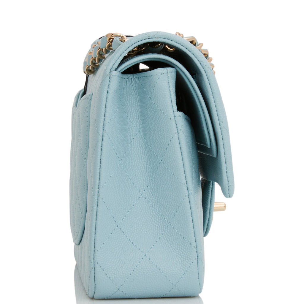Medium Classic Double Flap Bag Blue Quilted Caviar Light Gold Hardware