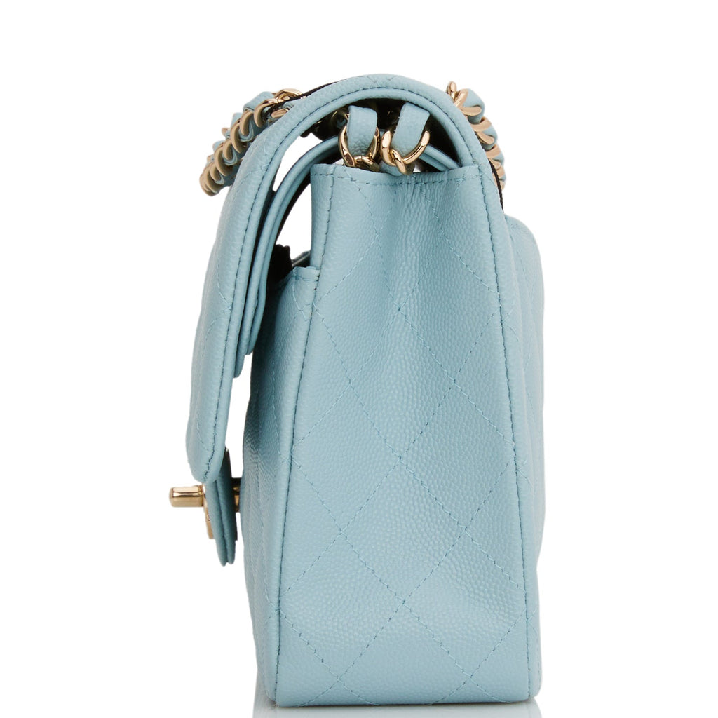 Medium Classic Double Flap Bag Blue Quilted Caviar Light Gold Hardware
