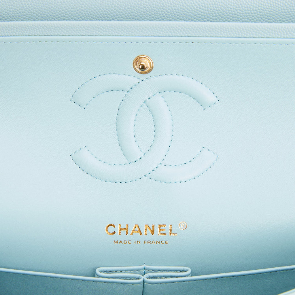 Medium Classic Double Flap Bag Blue Quilted Caviar Light Gold Hardware